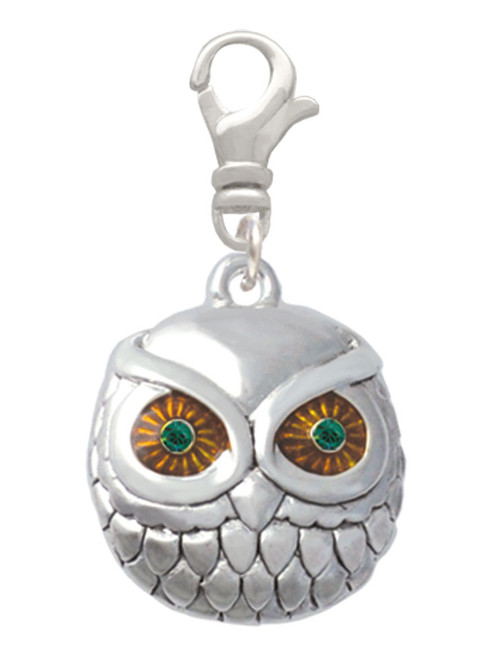 Large Round Owl with Green Crystal Eyes Clip On Charm