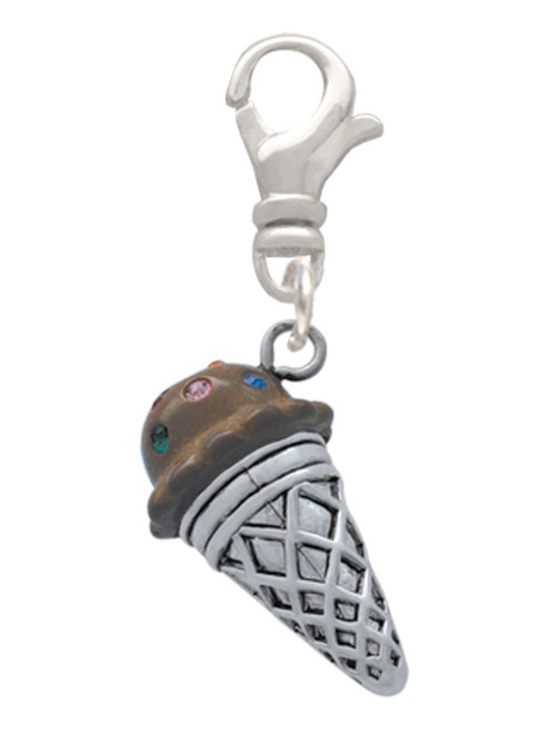 3-D Resin Chocolate Ice Cream Cone with Crystals Clip On Charm