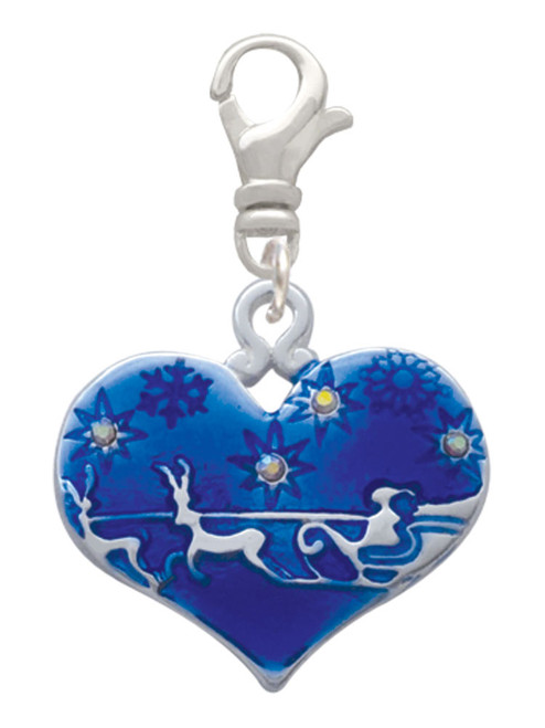 Large Blue Flying Santa Heart with AB Crystals Clip On Charm