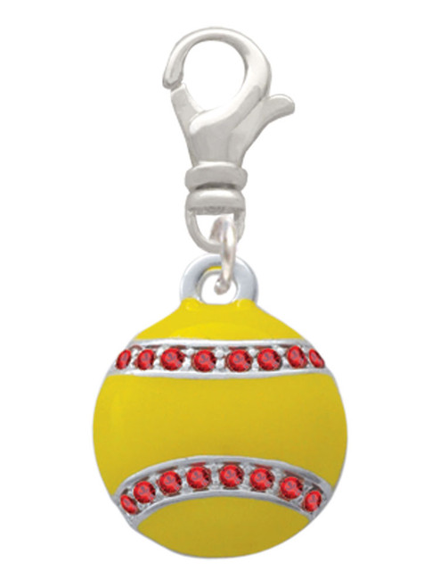 Optic Yellow Softball with Red Crystal Stitching Clip On Charm