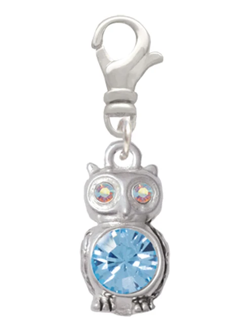 3-D Light Blue & AB Crystal Owl Clip On Charm