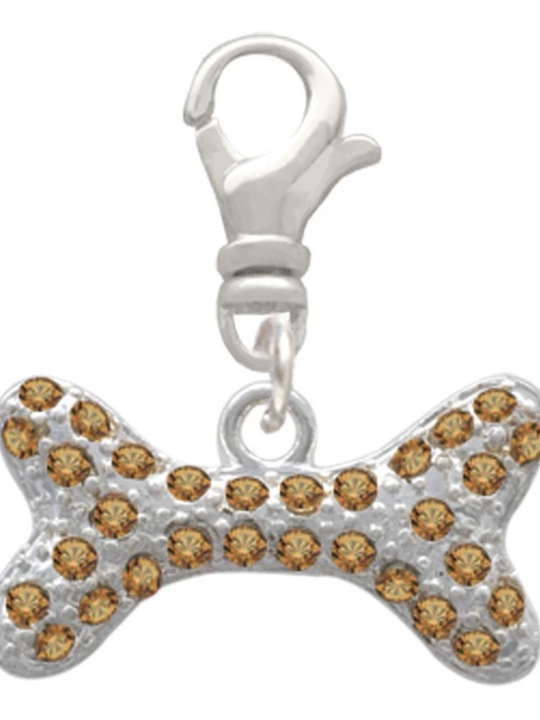 Large Brown Crystal Dog Bone Clip On Charm