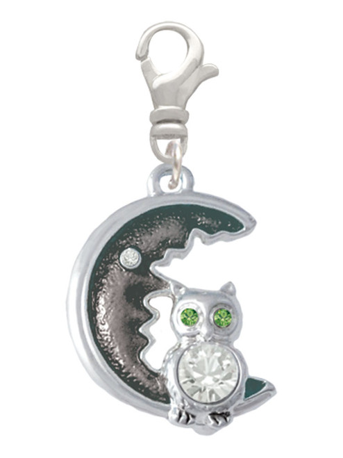 Large Crystal Owl Sitting on Black Moon Clip On Charm