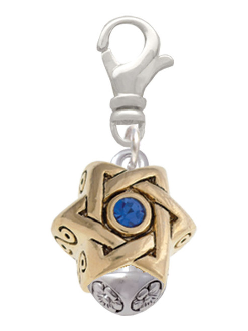 Star of David with Blue Crystal - Gold Tone Spinner Clip On Charm