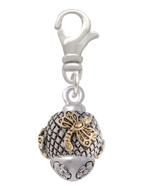 Gold Tone Dragonfly on Silver Tone Hatched Background Spinner Clip On Charm