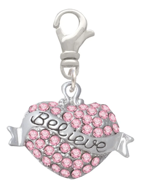 Believe Banner on Pink Crystal Heart Clip On Charm
