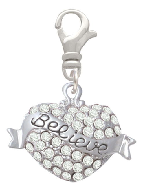 Believe Banner on Clear Crystal Heart Clip On Charm