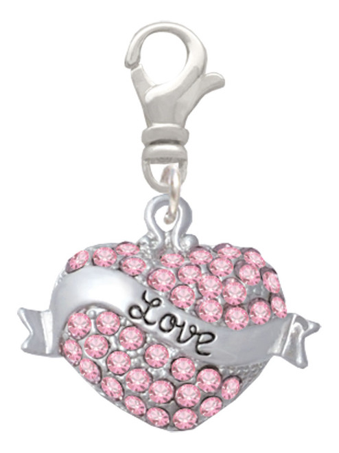 Love Banner on Pink Crystal Heart Clip On Charm