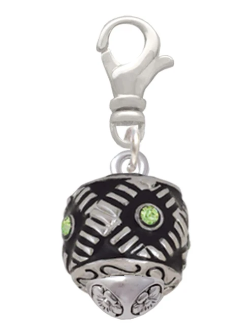 Diagonal Banded Barrel with Lime Green Crystals Spinner Clip On Charm