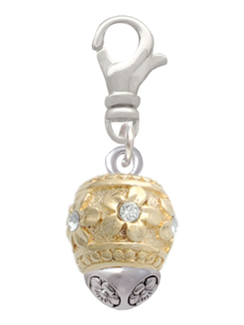 Raised Gold Tone Flowers with Clear Crystals on Barrel Gold Tone Spinner Clip On Charm