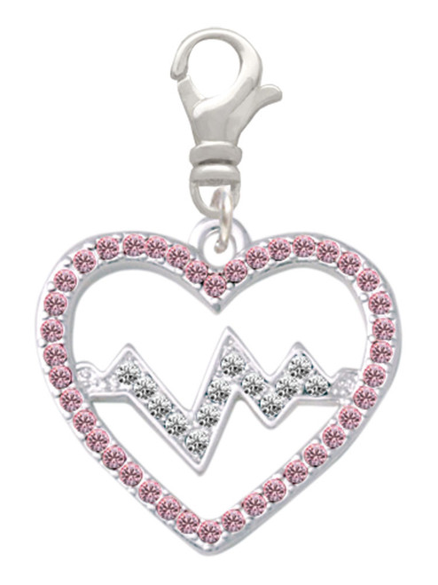 Large Pink Crystal Heart with Clear Heartbeat Clip On Charm