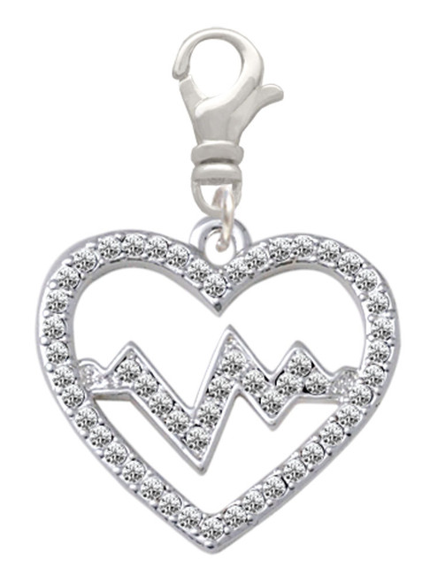 Large Clear Crystal Heart with Heartbeat Clip On Charm