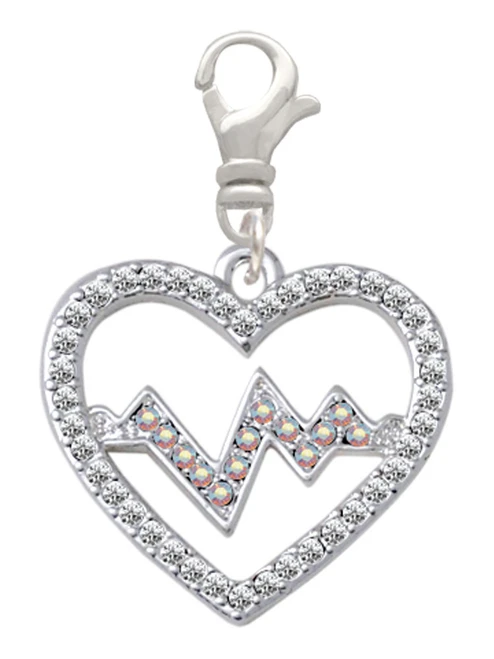 Large Clear Crystal Heart with AB Crystal Heartbeat Clip On Charm