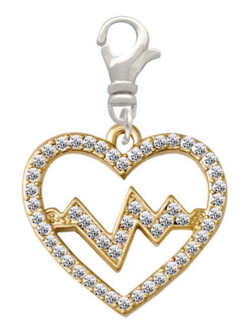 Gold Tone Large Crystal Heart - Heartbeat Clip On Charm