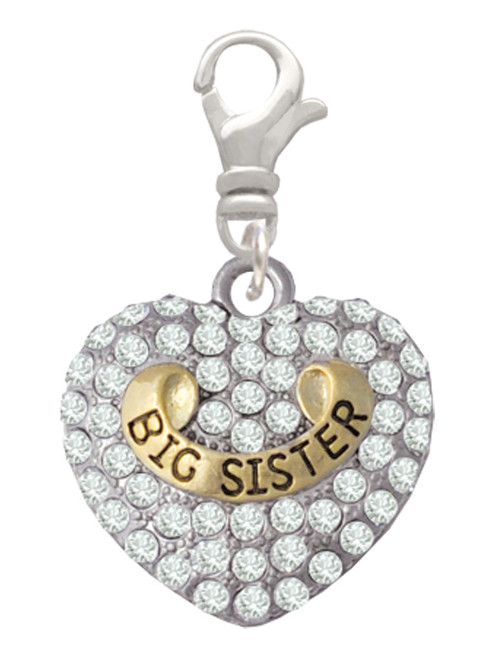 Gold Tone Big Sister Rock on Clear Crystal Heart Clip On Charm