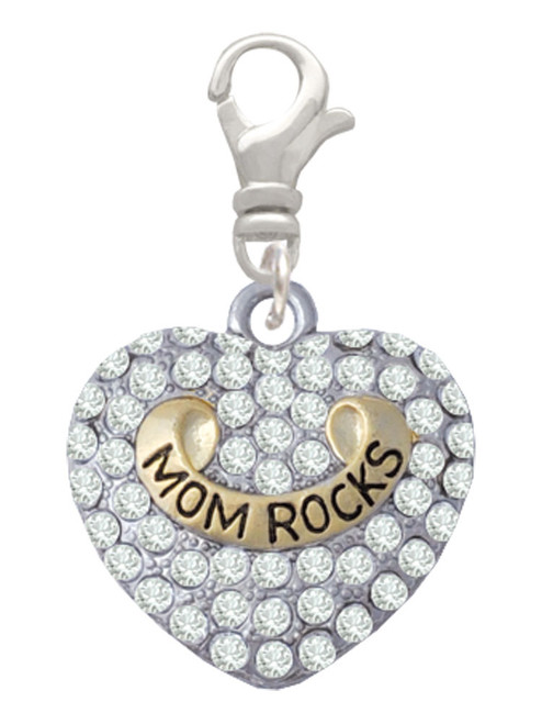 Gold Tone 'Mom Rocks' on Clear Crystal Heart Clip On Charm