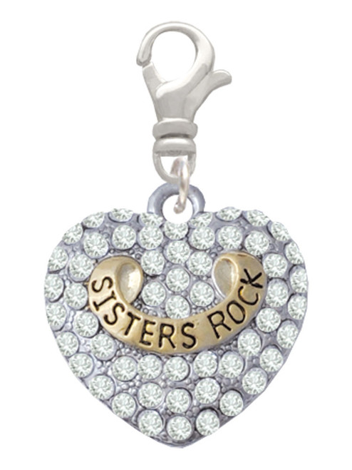 Gold Tone Sisters Rock on Clear Crystal Heart Clip On Charm