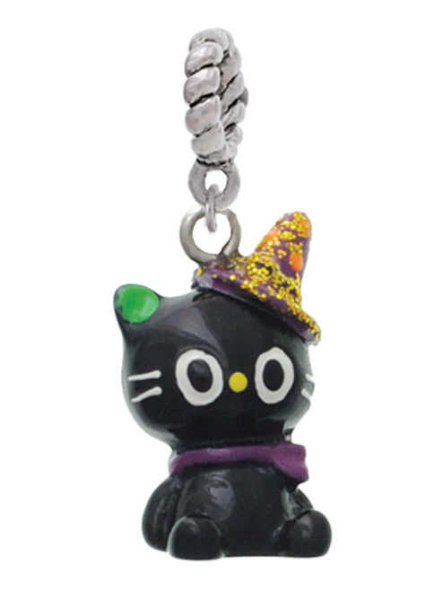 Resin Black Kitty Cat with Witch Hat Rope Charm Bead Dangle