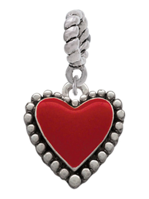 Red Enamel Heart with Beaded Border Rope Charm Bead Dangle