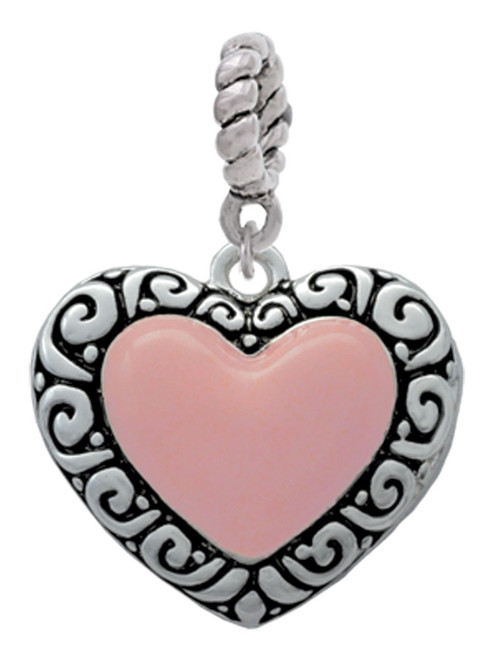 Large Pink Enamel Heart with Swirl Border Rope Charm Bead Dangle