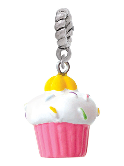 Resin Pink Cupcake with White Frosting Rope Charm Bead Dangle