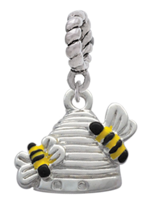 Beehive with 2 Bumble Bees Rope Charm Bead Dangle