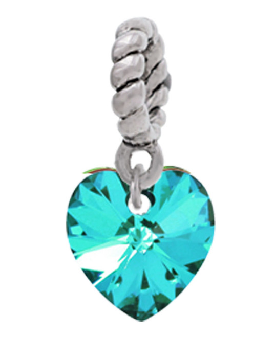 Teal Crystal Heart Rope Charm Bead Dangle
