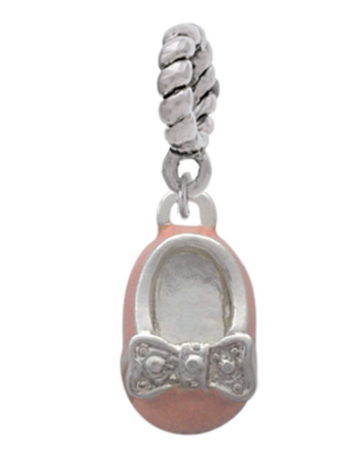 Pink Enamel Baby Shoe with Bow Rope Charm Bead Dangle