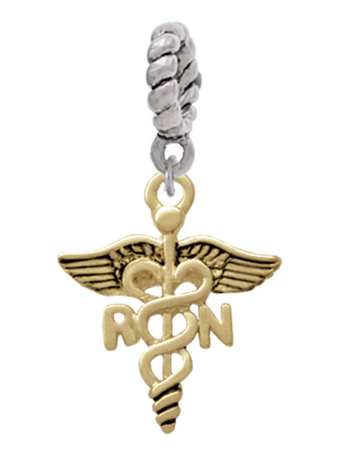 Gold Tone Registered Nurse Caduceus Rope Charm Bead Dangle