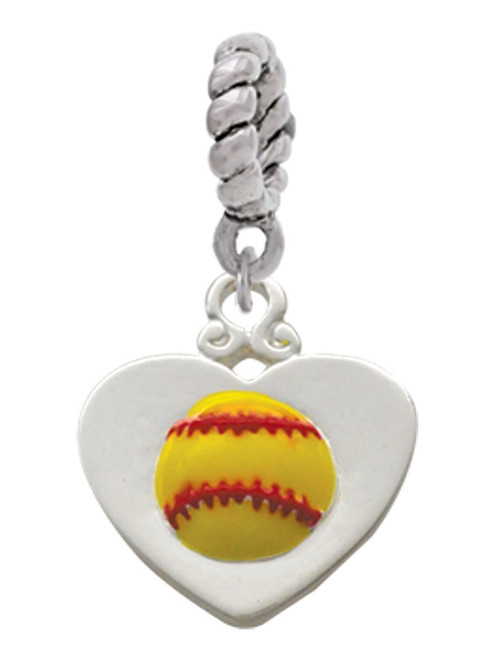 Softball in Heart Rope Charm Bead Dangle