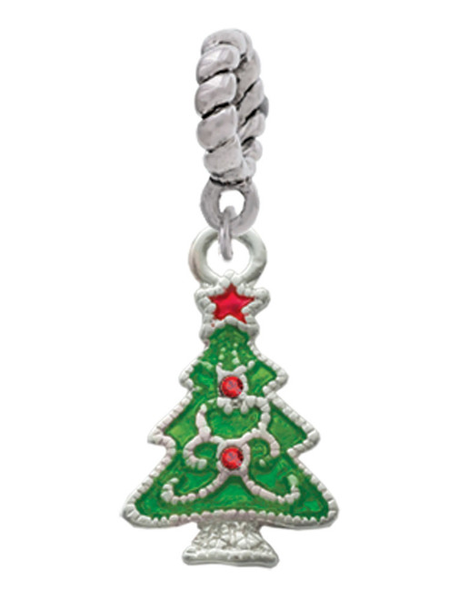 Green Christmas Tree with Red Crystals Rope Charm Bead Dangle