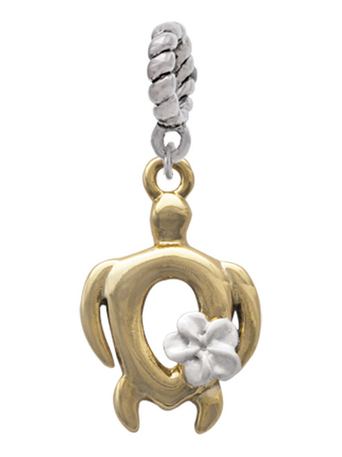 Open Gold Tone Sea Turtle with White Plumeria Rope Charm Bead Dangle