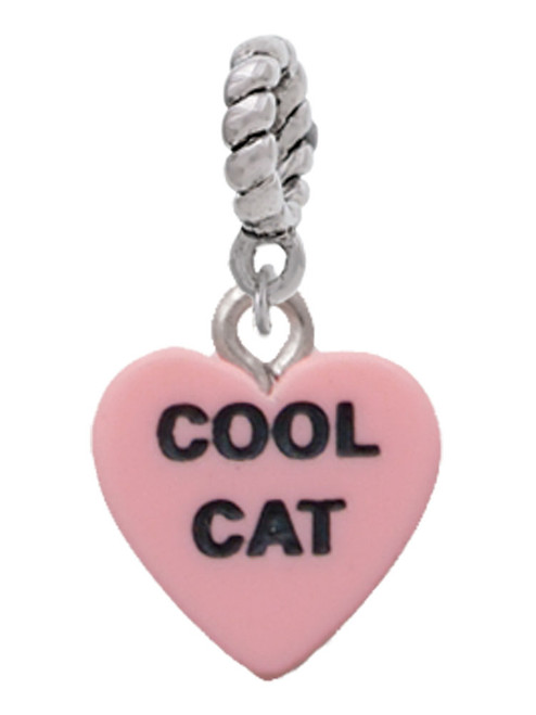 Acrylic Pink "Cool Cat / Purr Fect" Heart Rope Charm Bead Dangle
