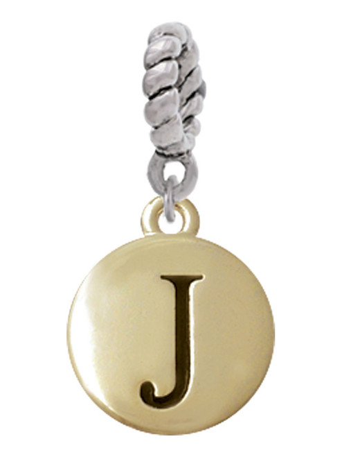 Capital Gold Tone Letter - J - Pebble Disc - Rope Charm Bead Dangle