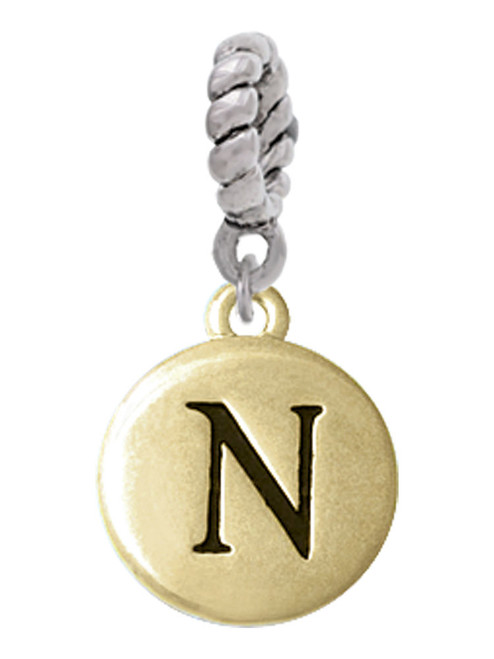 Capital Gold Tone Letter - N - Pebble Disc - Rope Charm Bead Dangle
