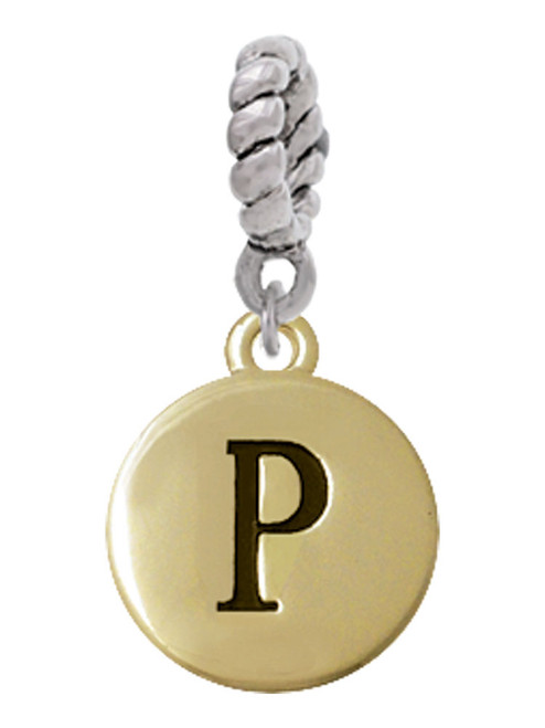 Capital Gold Tone Letter - P - Pebble Disc - Rope Charm Bead Dangle