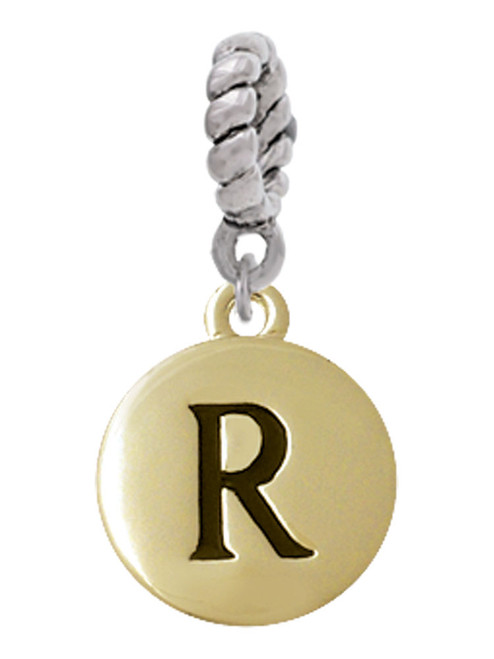 Capital Gold Tone Letter - R - Pebble Disc - Rope Charm Bead Dangle
