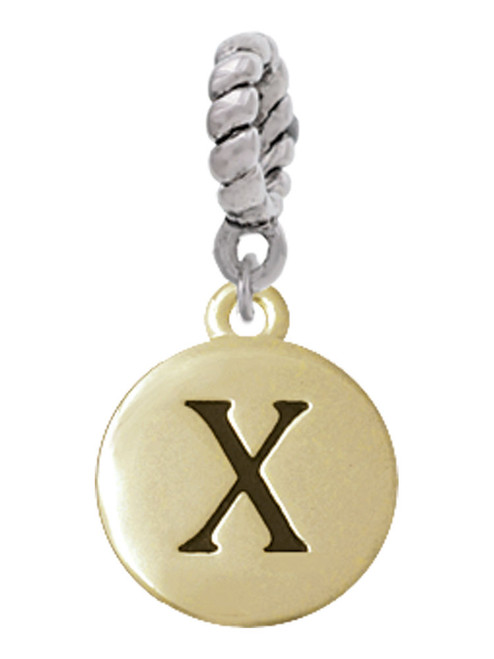 Capital Gold Tone Letter - X - Pebble Disc - Rope Charm Bead Dangle