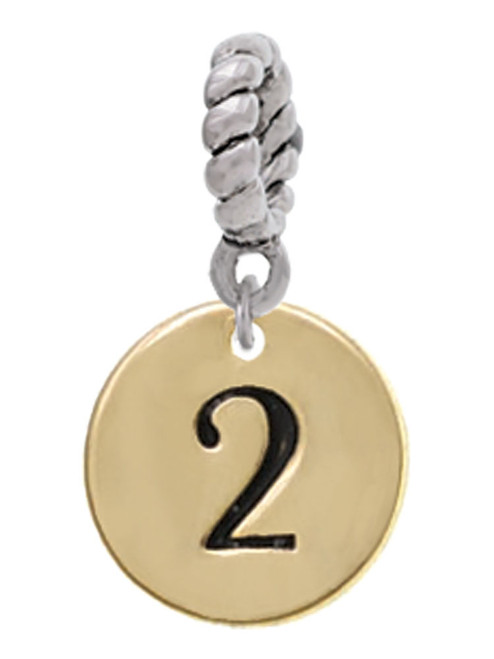 Gold Tone Disc 1/2'' Number - 2 - Rope Charm Bead Dangle