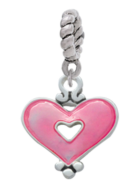 Hot Pink Enamel Heart with Cutout Rope Charm Bead Dangle