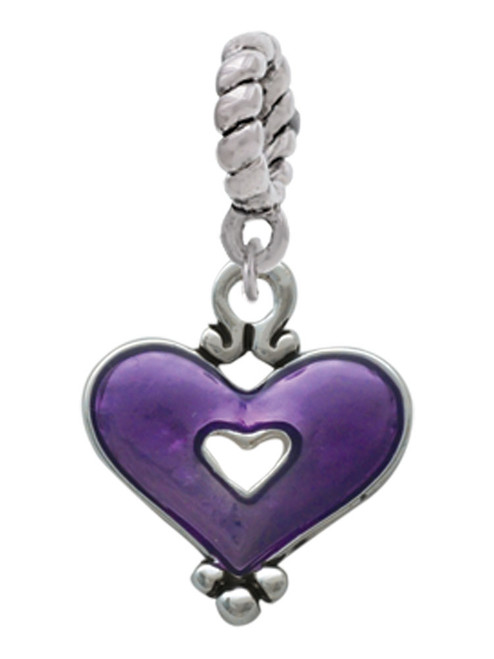 Hot Purple Enamel Heart with Cutout Rope Charm Bead Dangle