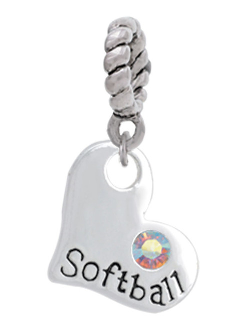 Heart with ''Softball'' and AB Crystal Rope Charm Bead Dangle
