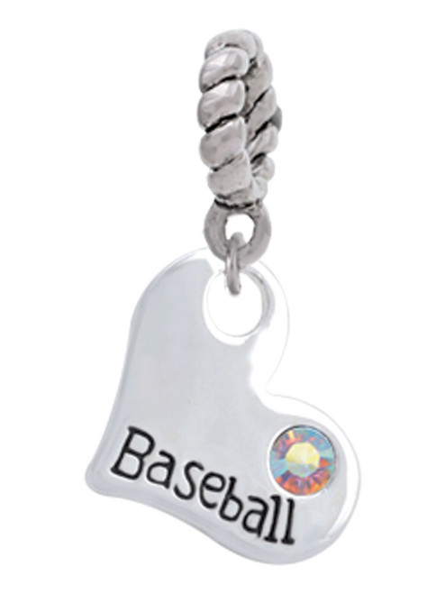 Heart with ''Baseball'' and AB Crystal Rope Charm Bead Dangle