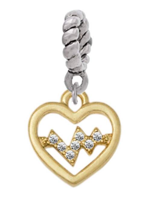 Gold Tone Heart - Crystal Heartbeat Rope Charm Bead Dangle
