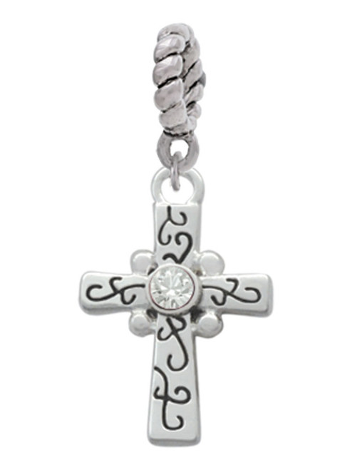Scroll Cross with Clear Crystal Rope Charm Bead Dangle