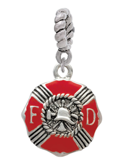 Red Enamel Fire Department Medallion Rope Charm Bead Dangle