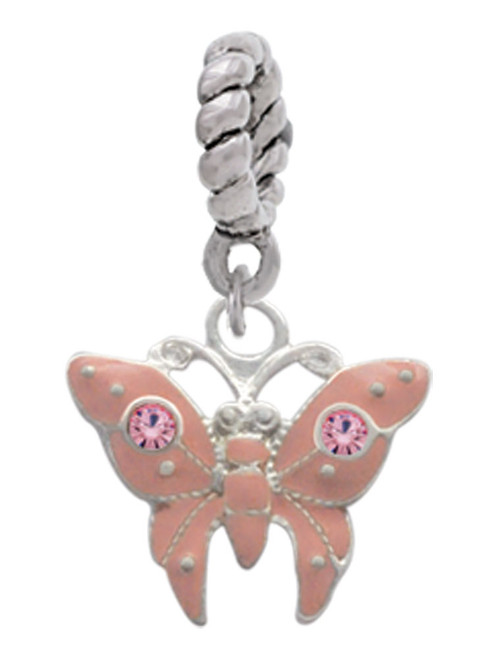 Pink Butterfly with 2 Pink Crystals Rope Charm Bead Dangle