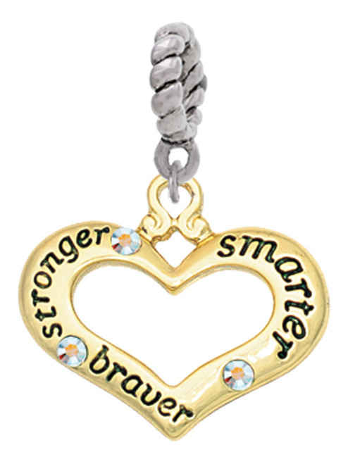 Gold Tone Heart with 3 AB Crystals - Stronger Braver Smarter Rope Charm Bead Dangle