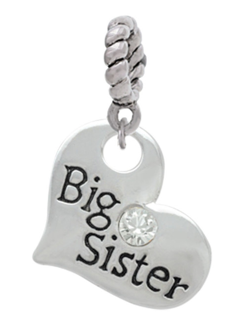 Large ''Big Sister'' Heart with Clear Crystal Rope Charm Bead Dangle
