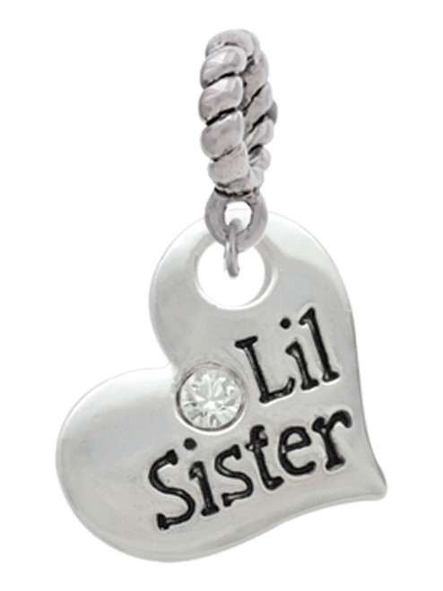 Large ''Lil Sister'' Heart with Clear Crystal Rope Charm Bead Dangle